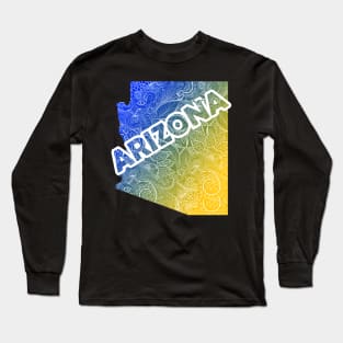 Colorful mandala art map Arizona with text in blue and yellow Long Sleeve T-Shirt